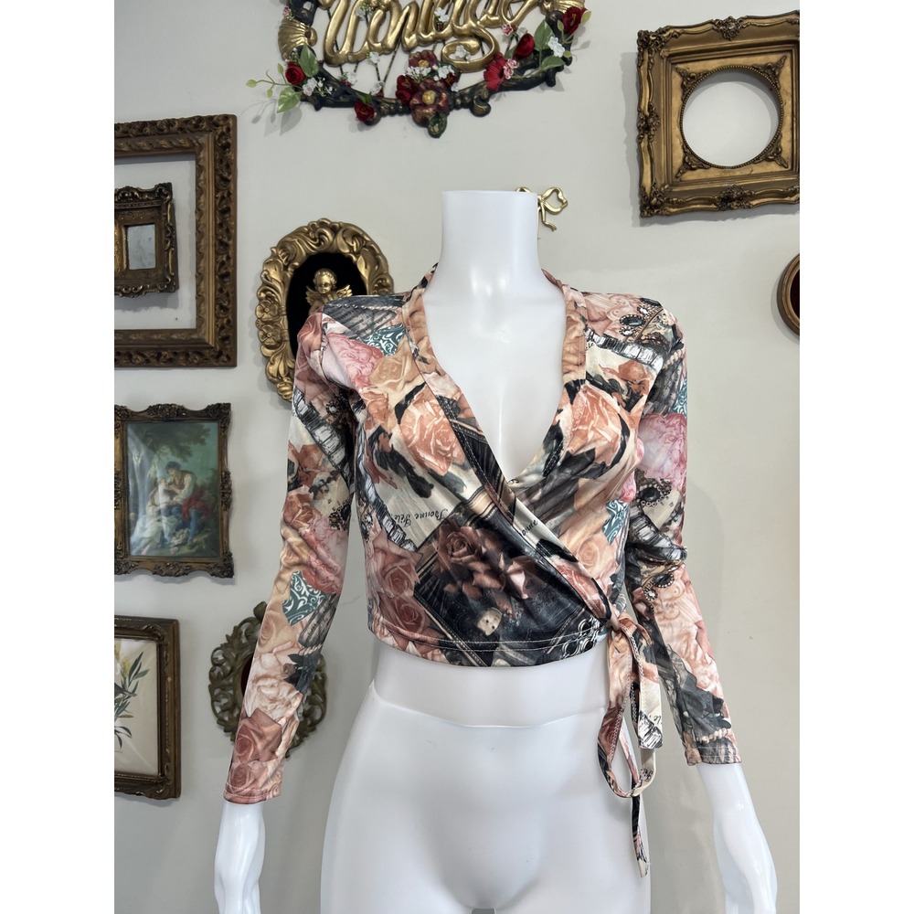 Vintage Cheryl Creations Rose Print Long Sleeve Wrap Crop Top Size M